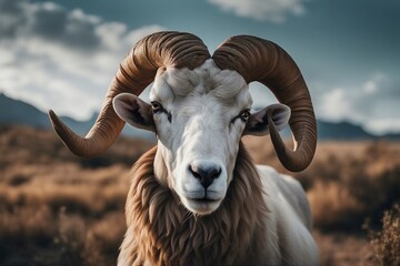 A close-up view of a ram's head, showcasing its large, curved horns in a natural environment. Generative AI