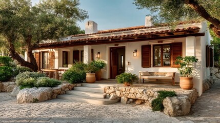 Fototapeta premium Charming stone cottage with wooden shutters, potted plants, outdoor furniture, rustic pathway, surrounded by trees,