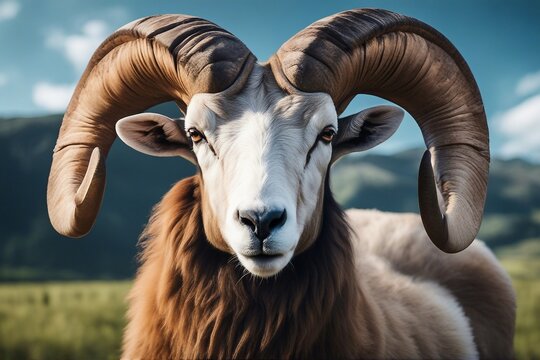 A close-up view of a ram's head, showcasing its large, curved horns in a natural environment. Generative AI