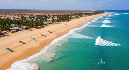 Serene coastal vista with golden sands and turquoise water waves at island