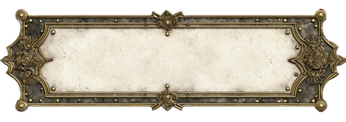 Ornate, decorative metal plaque with a blank, light-colored center