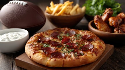 Friends share a delightful feast of pizza, wings, fries, and dips while watching an exciting sports event at home