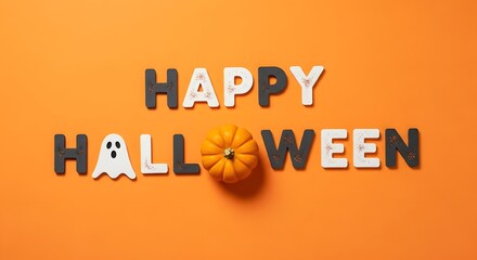 Happy halloween text with a cute ghost and a small pumpkin on an orange background, ideal for festive greetings and social media posts