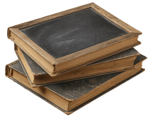 Obraz premium Three aged books, stacked, with a dark chalkboard-like surface on top. The books' covers show signs of age, with a worn, muted brownish-yellow color