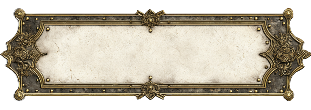 Ornate, decorative metal plaque with a blank, light-colored center