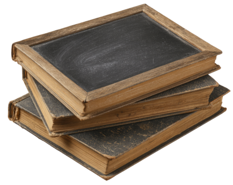 Three aged books, stacked, with a dark chalkboard-like surface on top.  The books' covers show signs of age, with a worn, muted brownish-yellow color