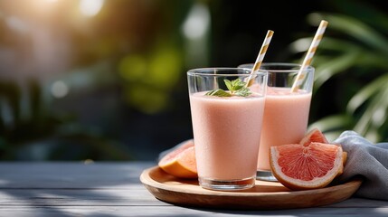 Two tall glasses of vibrant fruit smoothies sit on a wooden table, accompanied by fresh tropical fruit slices, evoking a summery vibe