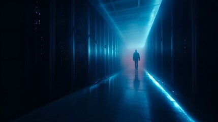 A lone figure walks through a dark futuristic server room illuminated by glowing blue and red lights creating a mysterious and technological