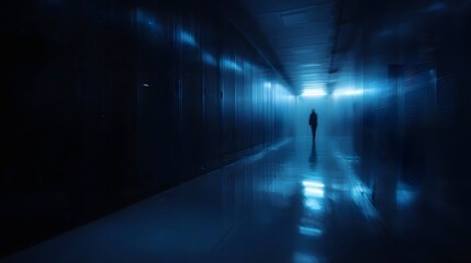 A solitary figure s silhouette walks down a long dark blue lit corridor within a modern technological facility creating a mysterious mood