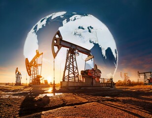 crude oil global crisis drilling derricks fossil fuels gasoline concept international war on oil prices worldwide pump rig pumpjack oil and gas production oilfield site