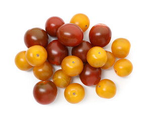 Heap of different ripe juicy tomatoes isolated on white, top view