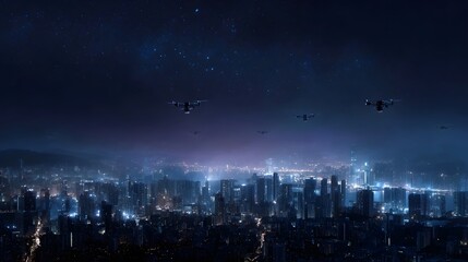 Fototapeta premium Futuristic smart city skyline at night with autonomous drones flying over illuminated urban architecture under a starry sky