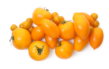 Many ripe yellow tomatoes isolated on white, top view