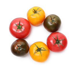 Different ripe juicy tomatoes isolated on white, top view