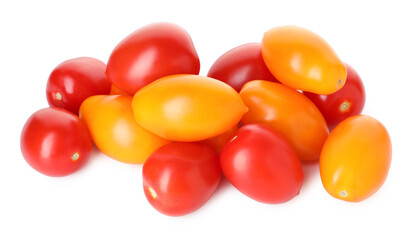 Heap of different ripe juicy tomatoes isolated on white