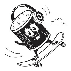 Cartoon bucket character with headphones skateboarding and a cloud in a black and white illustration vector illustration