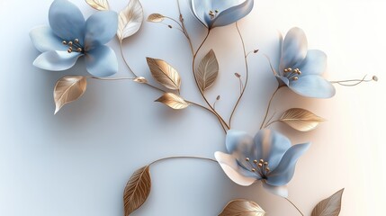 Abstract botanical illustration with gray-blue leaves and flowers, gold leaf accents on white background.