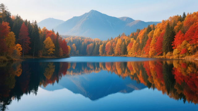 Autumn in Kanas Lake with Forest Reflections, Natural Scenery Travel Background