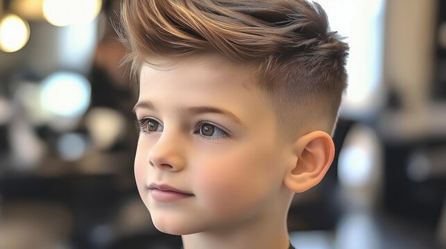 Cute 8-year-old boy with short brown hair and voluminous quiff in salon portrait.