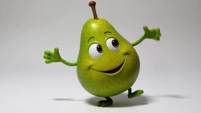 Eine gr&uuml;ne Birne mit schiefem Grinsen, gro&szlig;en Comic-Augen und schwingenden Armen, dargestellt als lustige Comicfigur auf wei&szlig;em Hintergrund.