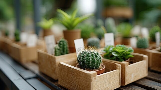 Colorful plants are organized in wooden boxes within a well-lit greenhouse, creating a lively atmosphere for gardening enthusiasts