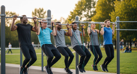 Group Fitness Training: People Performing Pull-Ups Together on Outdoor Exercise Equipment