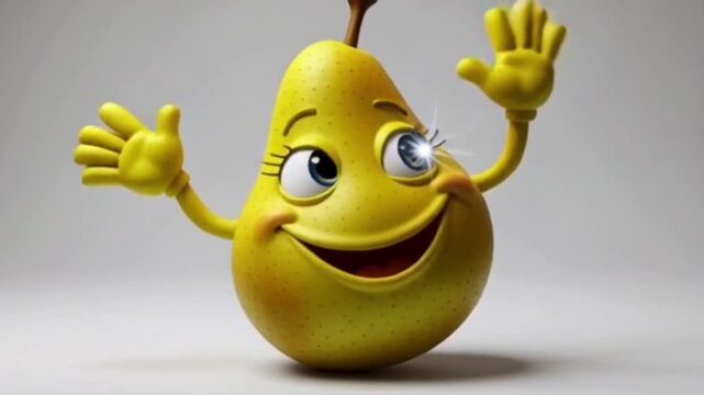 Eine gr&uuml;ne Birne mit schiefem Grinsen, gro&szlig;en Comic-Augen und schwingenden Armen, dargestellt als lustige Comicfigur auf wei&szlig;em Hintergrund.