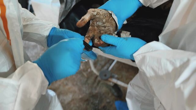 Rolling the fingers of a corpse with a special roller and ink for identification