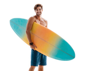 Happy surfer with a surfboard enjoying the sunny beach lifestyle.
