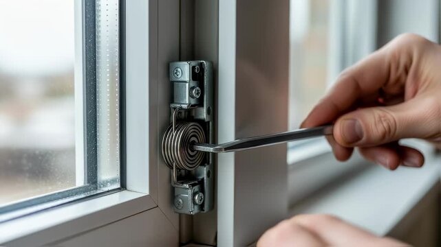 Visual focus on spiral balance spring tension adjustment within a doublehung window to ensure proper sash balance.