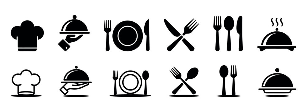 Black restaurant icons, chef hat, food tray, dining plate, spoon, fork and knife, cutlery set, steaming dish, kitchen and catering symbols