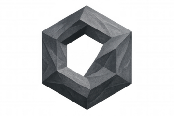 Gray abstract geometric shape resembling a hexagon with a hole in the center, isolated on a transparent background