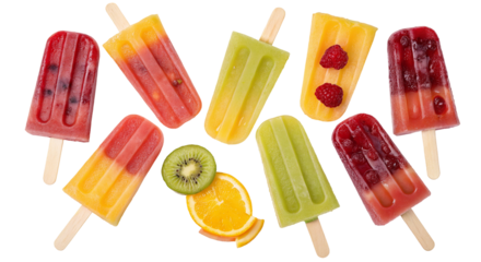 Assorted fruit popsicles and fresh fruit slices arranged on clean white background deliciously displayed