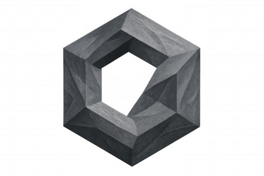 Gray abstract geometric shape resembling a hexagon with a hole in the center, isolated on a transparent background