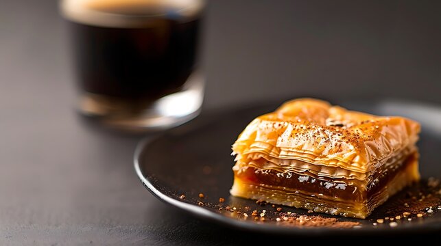 Delicious baklava pastry served with a dark beverage