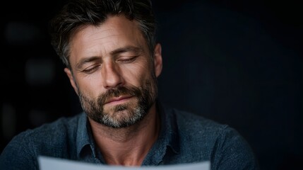 Obraz premium A thoughtful man with a beard and closed eyes holds a document reflecting deeply on a serious moment in a quiet dimly lit environment