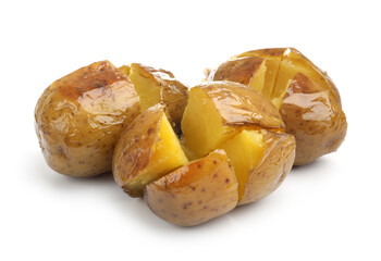 Many tasty baked potatoes isolated on white