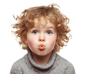 A cute toddler with blonde curly hair is puckering their lips for a kiss.