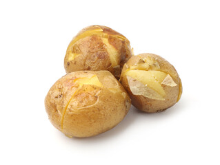 Many tasty baked potatoes isolated on white