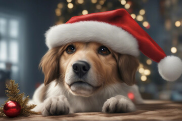 A charming illustration of a cute dog wearing a Christmas hat. Generative AI