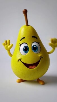 Eine gr&uuml;ne Birne mit schiefem Grinsen, gro&szlig;en Comic-Augen und schwingenden Armen, dargestellt als lustige Comicfigur auf wei&szlig;em Hintergrund.