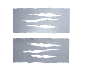 Two rectangular pieces of white paper, each with three parallel, jagged, tear-like holes