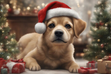 A charming illustration of a cute dog wearing a Christmas hat. Generative AI