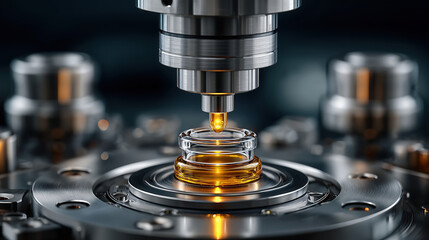 Close up of single vial being filled with orange drop
