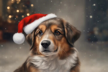 A charming illustration of a cute dog wearing a Christmas hat. Generative AI