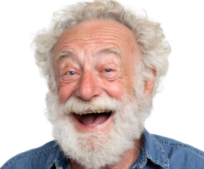 Happy senior man with a white beard and a joyful expression.