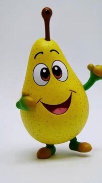 Eine gr&uuml;ne Birne mit schiefem Grinsen, gro&szlig;en Comic-Augen und schwingenden Armen, dargestellt als lustige Comicfigur auf wei&szlig;em Hintergrund.