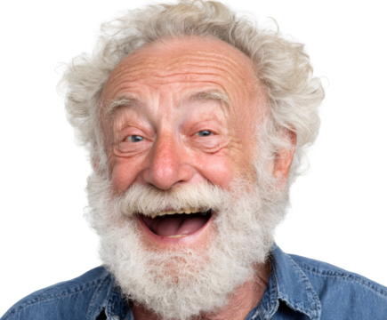 Happy senior man with a white beard and a joyful expression.