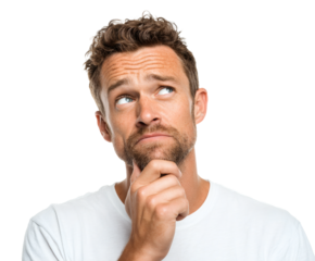 A man in a white shirt looks up while thoughtfully touching his chin.