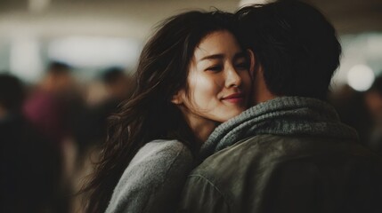 A tender and emotional moment as a couple shares a heartfelt embrace highlighting their deep connection amidst a softly blurred public setting